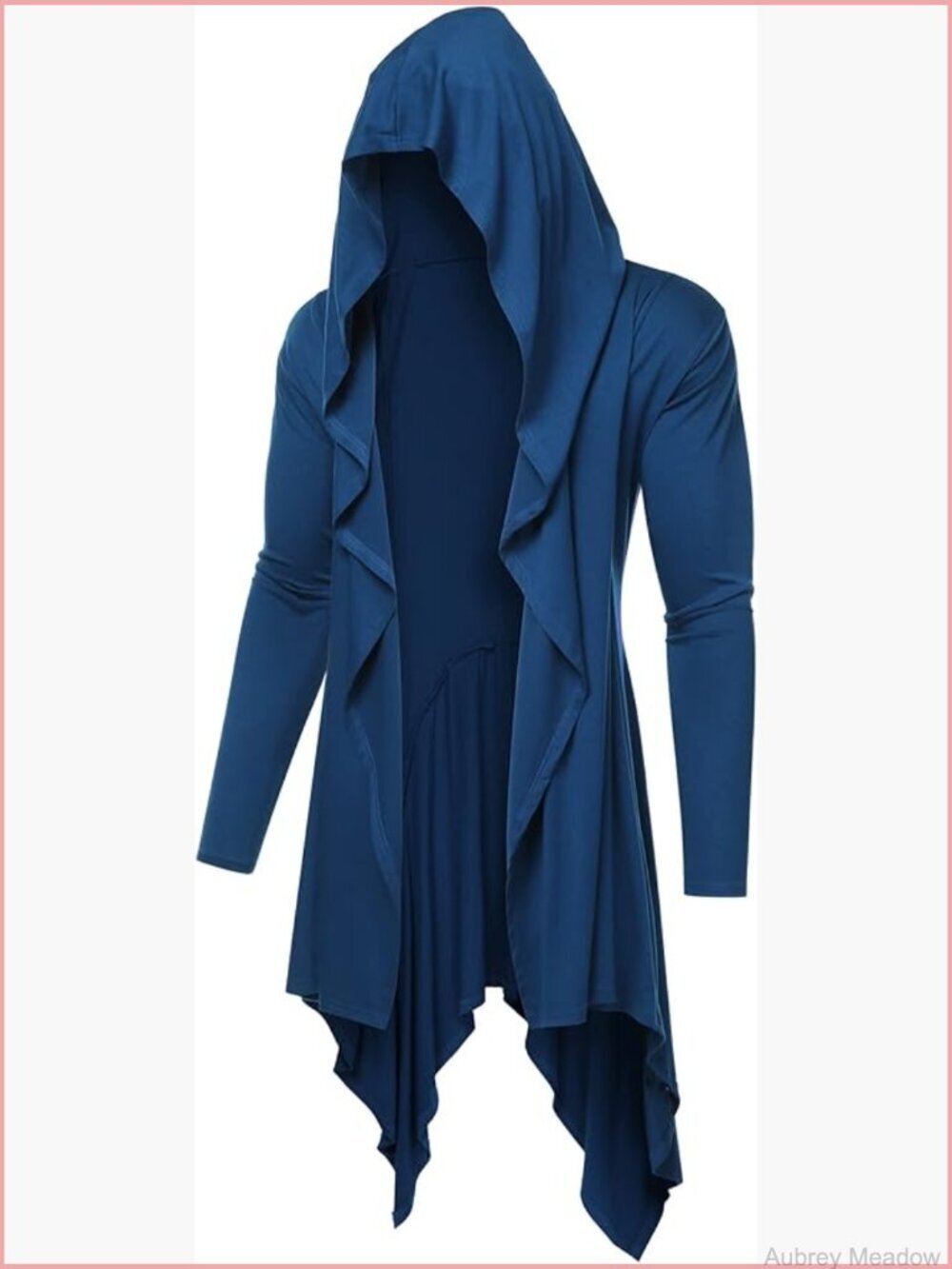 Long Hooded Cardigan Ruffle Shawl Collar Open Front Lightweight Drape Cape